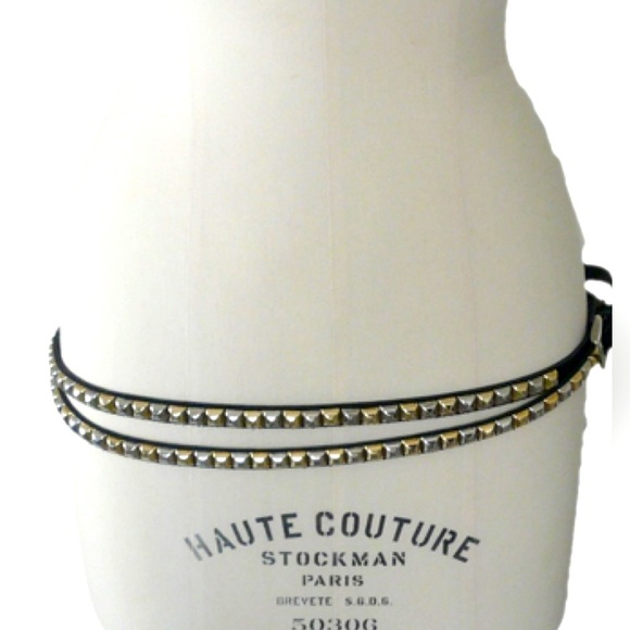 Sandro Accessories - SANDRO PARIS Black Leather Gold & Silver 2-Tone Studded Double Wrap Skinny Belt